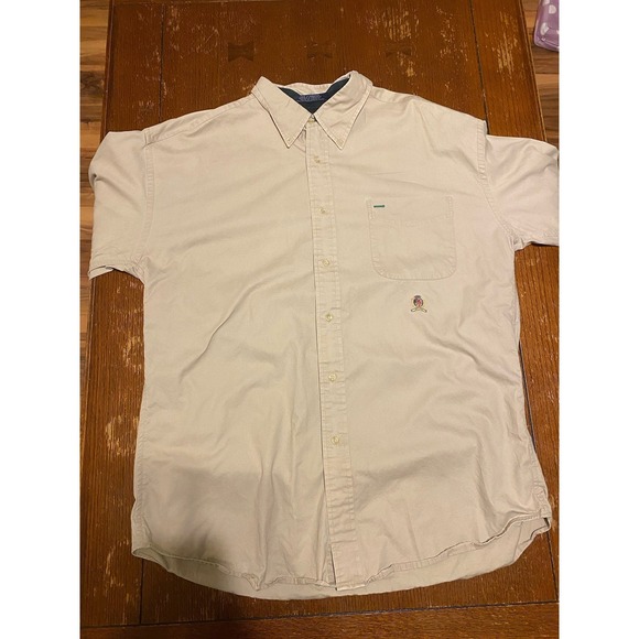 Tommy Hilfiger Shirt Men XL KHAKI Crest LOGO Pockets Y2K Button Down 90s Vintage - Picture 1 of 5